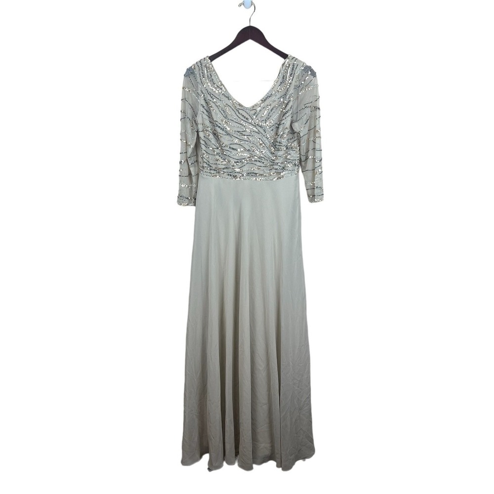 JKARA Womens Beige Chiffon Gown 3/4 Sleeve V Neck Maxi Evening A-Line Dress‎ 6